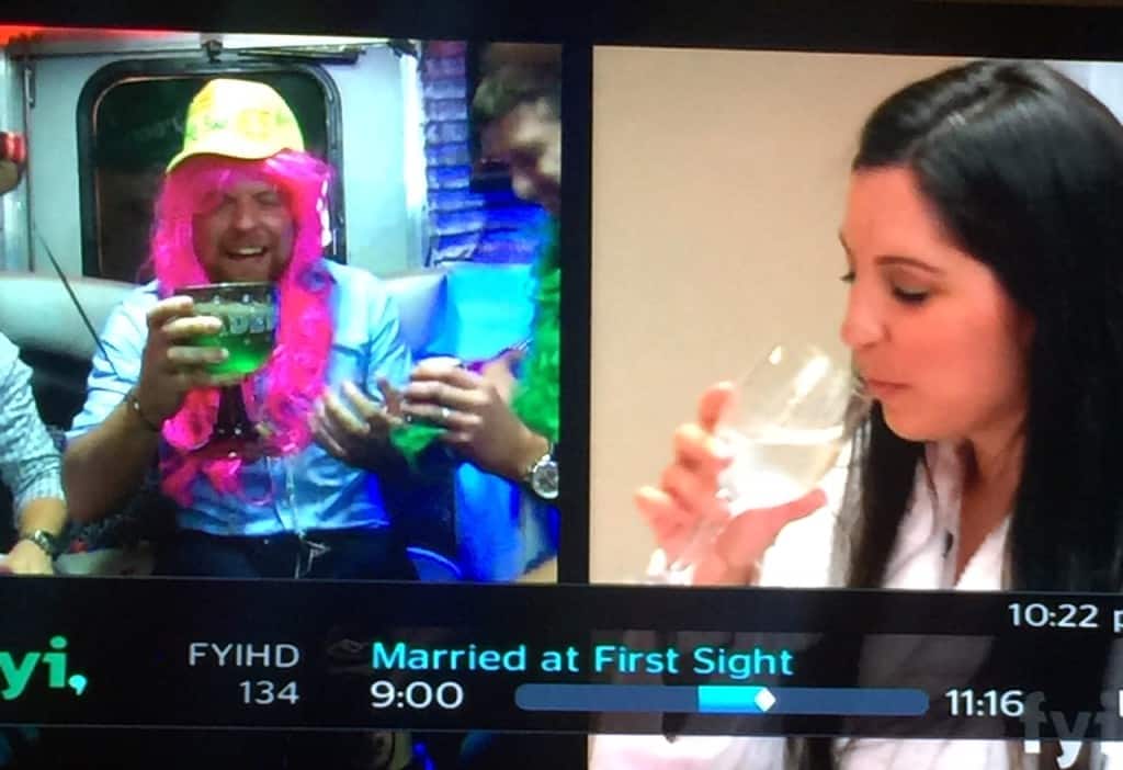Split screen:On the Right, David's beer chuggin' Bachelor party. On the left, Ashley's sippin' champagne bachelorette party. Not exactly what David had in mind. Haha. (Insider reference. You have to see the episode to understand, lol!)